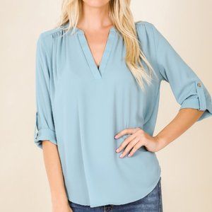 DOBBY BLOUSE SPLIT NECK ROLL-UP SLEEVE